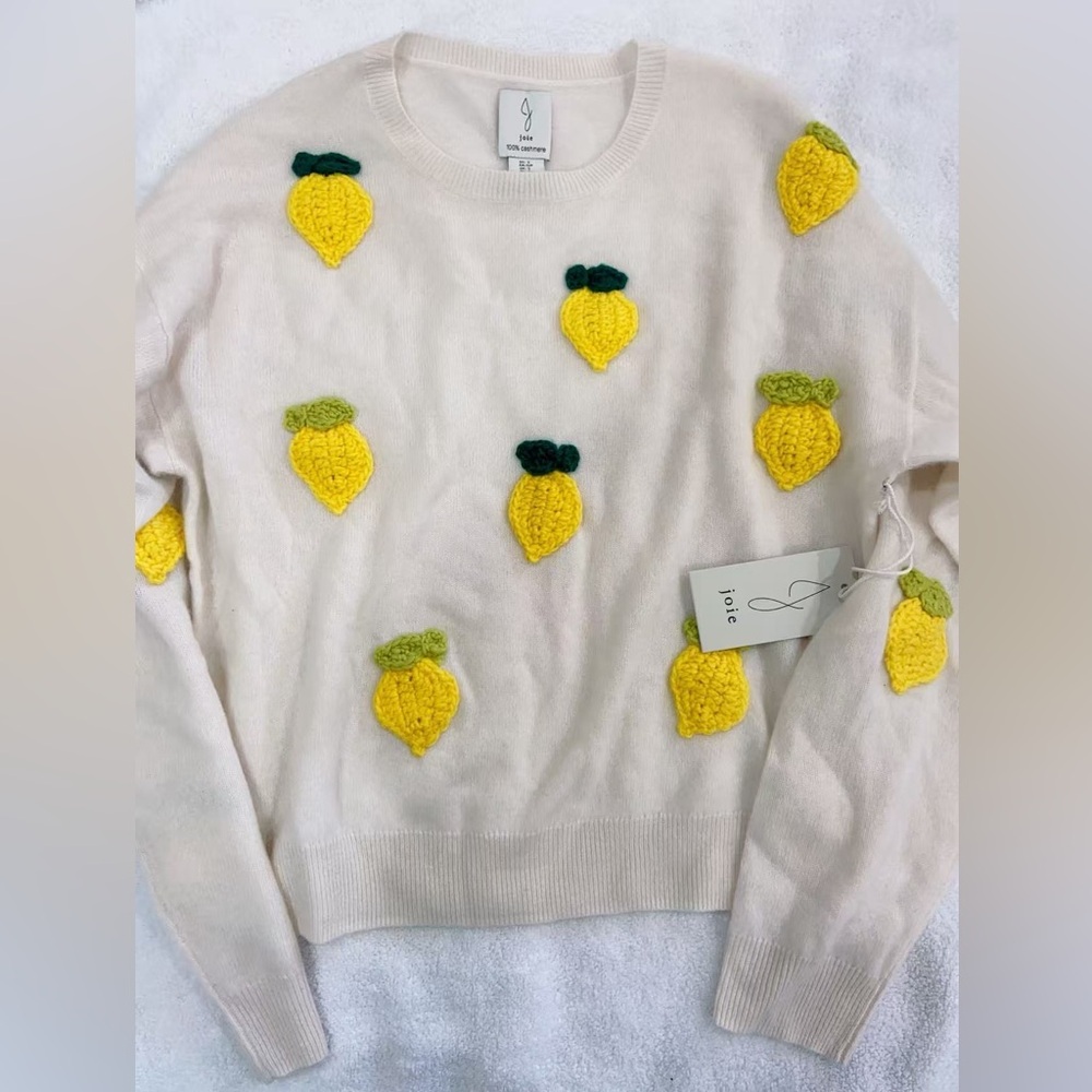 NWT Joie Cashmere 3D Lemon Embroidered Crew Neck Sweater